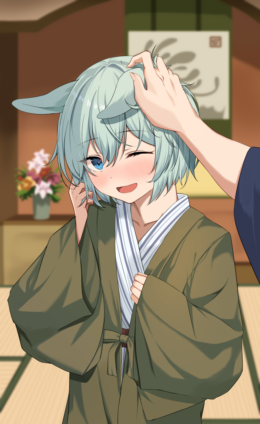 1boy 1girl :d absurdres animal_ears bangs blue_eyes blurry blurry_background cathy_idx flower green_hair green_kimono headpat highres horse_ears horse_girl indoors japanese_clothes kimono long_sleeves looking_at_viewer one_eye_closed open_mouth pink_flower purple_flower seiun_sky_(umamusume) short_hair smile trainer_(umamusume) umamusume vase yellow_flower