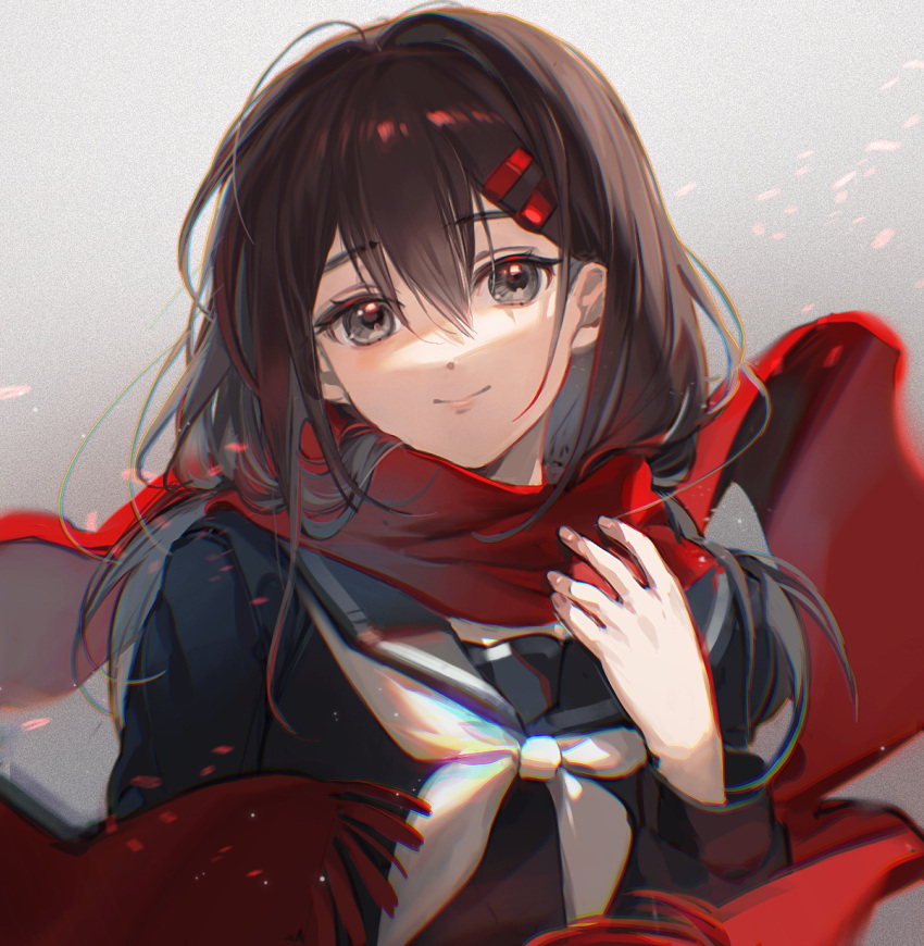 1girl ayano_no_koufuku_riron_(vocaloid) bangs black_eyes black_shirt brown_hair chromatic_aberration closed_mouth commentary hair_between_eyes hair_ornament hairclip hand_on_own_chest hand_up highres kagerou_project light_particles looking_at_viewer medium_hair neckerchief red_scarf rumoon sailor_collar scarf shirt smile solo tateyama_ayano upper_body white_neckerchief