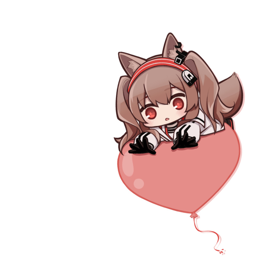 1girl :o angelina_(arknights) animal_ears arknights balloon black_gloves blush brown_hair chibi earpiece fox_ears fox_girl fox_tail gloves hairband heart_balloon highres jacket long_hair lxjun_09 open_clothes open_jacket open_mouth red_eyes red_hairband simple_background solo striped striped_hairband tail twintails white_background white_jacket