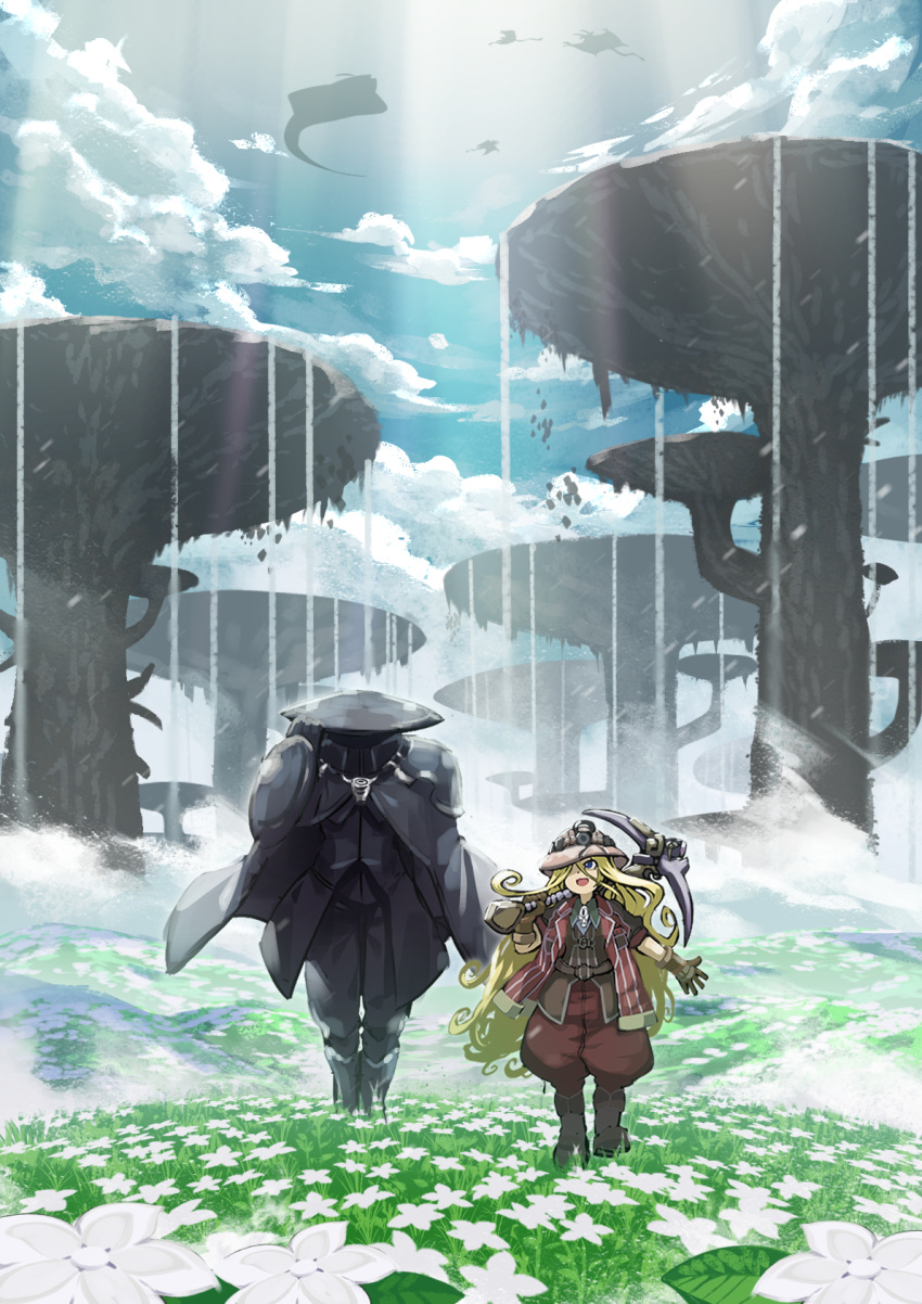 2girls :d adjusting_clothes adjusting_headwear animal arm_armor armor belt black_armor black_cloak black_coat black_footwear black_gloves black_headwear black_pants blaze_reap blonde_hair blue_eyes blue_sky boots brown_belt brown_footwear brown_gloves brown_pants brown_vest cloak clouds coat commentary_request covered_face curly_hair day field flower flower_field gloves grass hair_over_one_eye hand_up hat headlamp helmet highres holding holding_pickaxe jacket kuromasu long_hair looking_at_another lyza_(made_in_abyss) made_in_abyss multiple_girls open_clothes open_jacket outdoors over_shoulder ozen pants pickaxe plant puffy_pants red_jacket scenery short_sleeves silhouette sky smile striped striped_jacket vertical-striped_jacket vertical_stripes very_long_hair vest walking whistle whistle_around_neck white_flower wide_shot