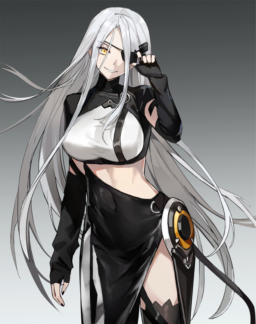1girl alchemist_(girls'_frontline) arm_at_side bangs black_dress black_gloves black_legwear black_nails breasts cowboy_shot dress elbow_gloves eyepatch feet_out_of_frame fingerless_gloves girls_frontline gloves grey_background grey_hair hair_ornament highres kuza_brs large_breasts long_hair looking_at_viewer nail_polish parted_lips sangvis_ferri simple_background smile solo standing thigh-highs very_long_hair yellow_eyes