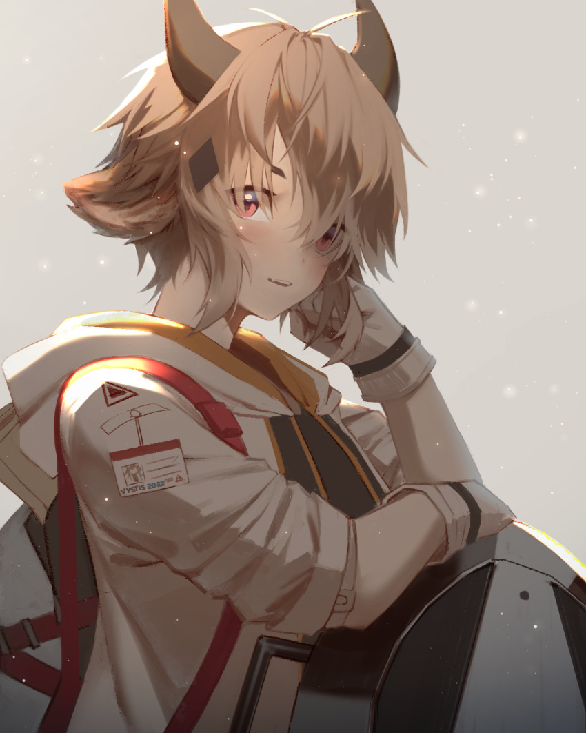 1boy animal_ears arknights bishounen bison_(arknights) cow_boy cow_ears cowboy_shot gloves hair_over_one_eye hand_on_own_face hand_up highres horns jacket looking_at_viewer male_focus one_eye_covered orange_eyes orange_hair smile solo vystis white_gloves