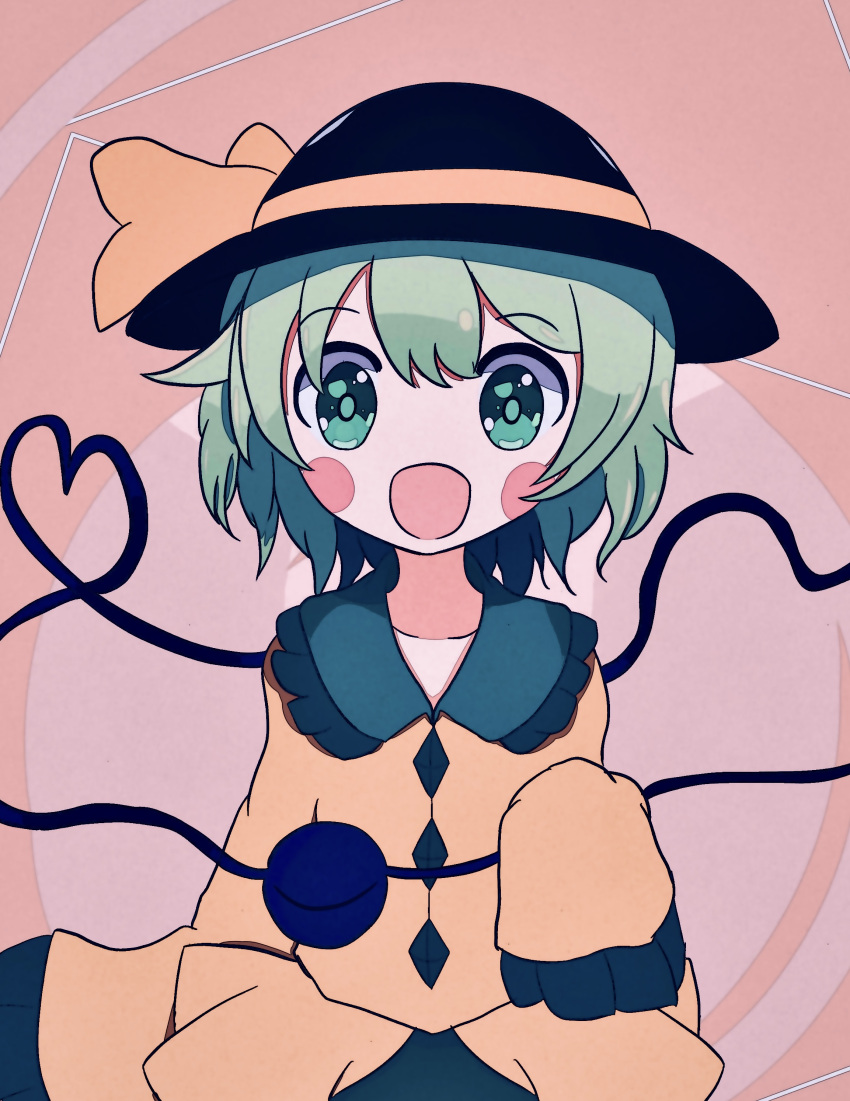 1girl :d absurdres alice_in_koishi black_headwear floppy_sleeves frilled_shirt_collar frills green_eyes green_hair happy hat hat_ribbon heart heart_of_string highres komeiji_koishi long_sleeves looking_at_viewer open_mouth pink_background ribbon shirt short_hair skirt smile solo string symbol-shaped_pupils third_eye touhou yellow_shirt