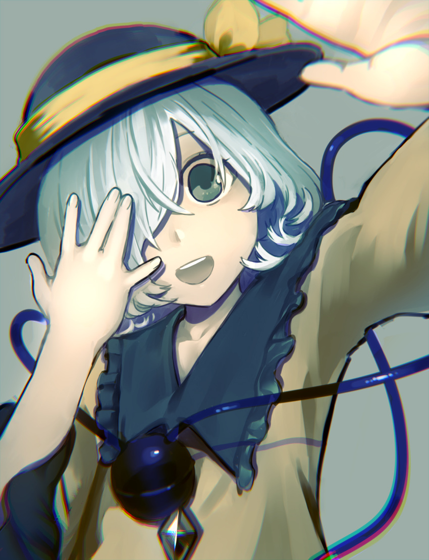 1girl :d \||/ black_headwear blouse bow buttons chromatic_aberration commentary diamond_button eyebrows_behind_hair fingernails frilled_shirt_collar frilled_sleeves frills green_eyes green_hair hair_over_one_eye hands_up hat hat_bow head_tilt highres komeiji_koishi long_sleeves looking_at_viewer medium_hair nurupo_(abooon) one_eye_covered open_mouth shirt smile teeth third_eye touhou upper_body upper_teeth yellow_bow yellow_shirt