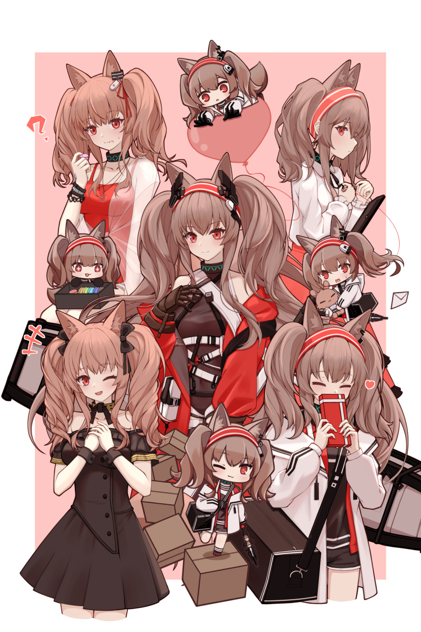 +++ +_+ :d ;3 ? ambience_synesthesia angelina_(arknights) angelina_(distinguished_visitor)_(arknights) angelina_(summer_flowers)_(arknights) arknights arms_up bag balloon black_bag black_bodysuit black_bow black_collar black_dress black_shirt black_shorts black_wrist_cuffs blouse bodysuit border bow box brown_hair cardboard_box casual_one-piece_swimsuit chibi clone closed_eyes collar covered_mouth dress earpiece envelope extra_ears food hair_bow hair_ribbon hairband heart heart_balloon highres holding holding_box infection_monitor_(arknights) jacket long_hair long_sleeves lxjun_09 macaron official_alternate_costume one-piece_swimsuit one_eye_closed open_clothes open_jacket open_mouth outside_border own_hands_together pink_background red_eyes red_hairband red_ribbon red_swimsuit ribbon shirt shorts shoulder_bag sideways_glance smile striped striped_hairband stuffed_animal stuffed_bunny stuffed_toy swimsuit twintails white_border white_jacket white_shirt