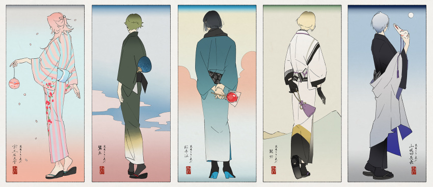 5boys black_hair blonde_hair character_request from_behind gradient_hair green_hair grey_hair hand_fan higekiri_(touken_ranbu) highres long_hair multicolored_hair multiple_boys paper_fan pink_hair raden_3333 sandals short_hair simple_background souza_samonji touken_ranbu uguisumaru white_background yamanbagiri_chougi