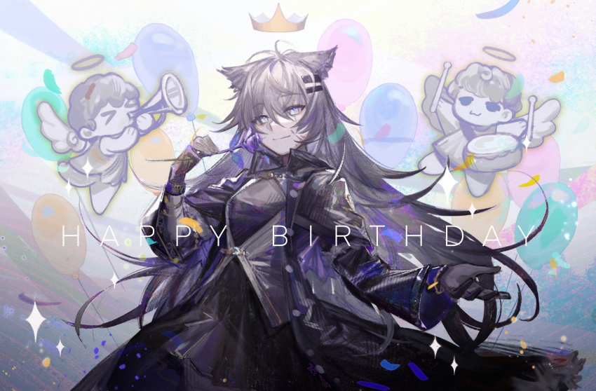 animal_ears antenna_hair arknights black_dress black_gloves black_jacket blood blood_on_face cowboy_shot crown dress flower gloves grey_eyes grey_hair halo hands_up happy_birthday highres holding holding_flower instrument jacket lappland_(arknights) lappland_(refined_horrormare)_(arknights) liangban_xiexu long_hair long_sleeves looking_at_viewer official_alternate_costume open_clothes open_jacket outstretched_arm purple_flower purple_rose rose scar scar_across_eye smile trumpet wolf_ears