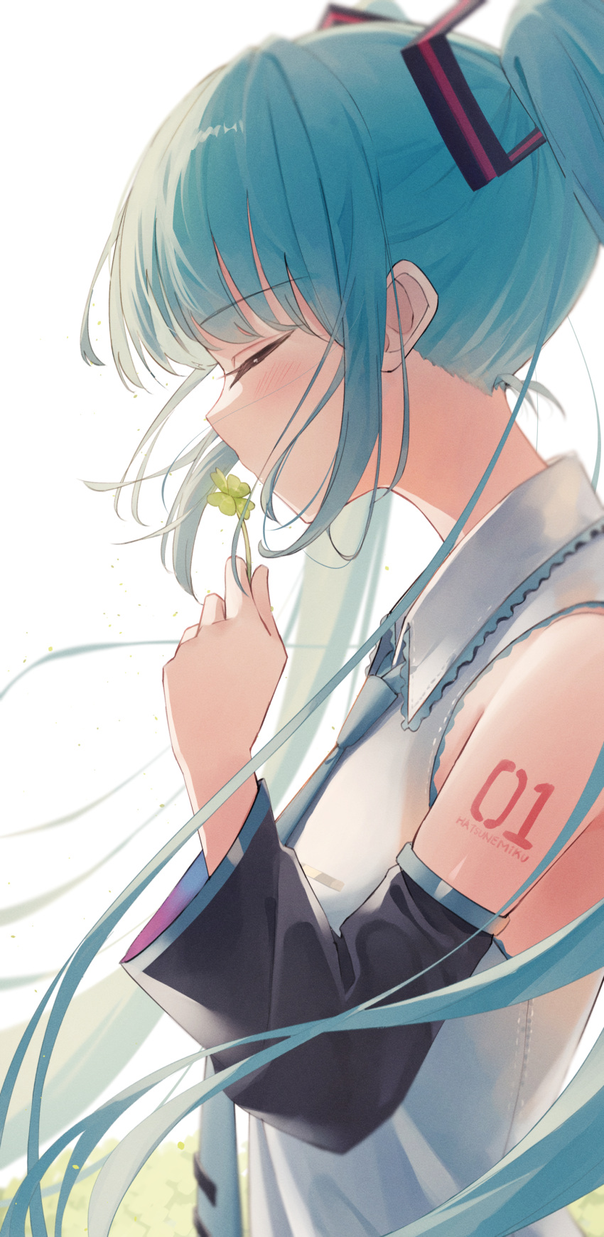 1girl absurdres aqua_hair bangs bare_shoulders blue_necktie blush closed_eyes clover collared_shirt detached_sleeves eyebrows_visible_through_hair four-leaf_clover from_side grey_shirt hatsune_miku highres holding long_hair long_sleeves necktie number_tattoo profile shirt shoulder_tattoo shun'ya_(daisharin36) solo symbol-only_commentary tattoo twintails very_long_hair vocaloid
