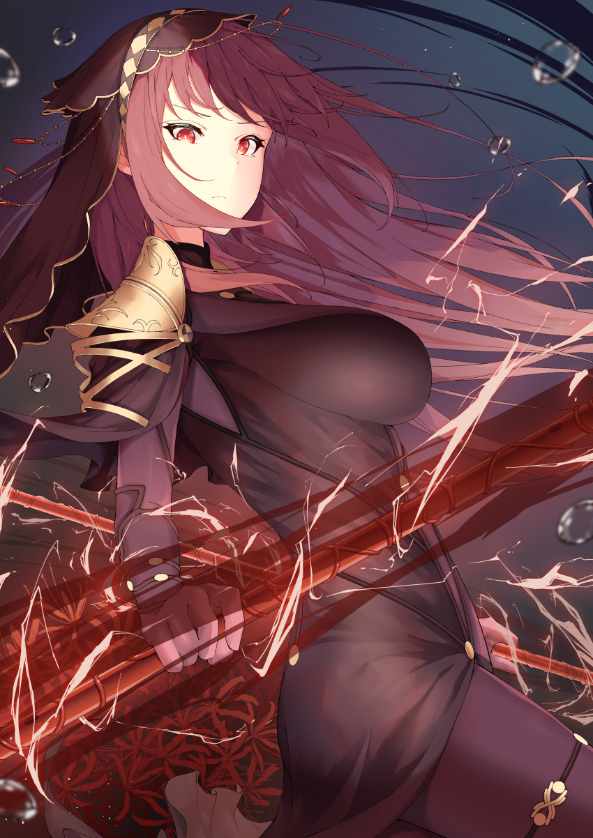 1girl absurdres armor bodysuit breasts closed_mouth commentary dual_wielding fate/grand_order fate_(series) floating_hair flower fukuidesu0110 gae_bolg_(fate) highres holding holding_polearm holding_weapon large_breasts long_hair looking_at_viewer pauldrons polearm purple_bodysuit purple_hair red_eyes red_flower scathach_(fate) shoulder_armor solo spear veil weapon