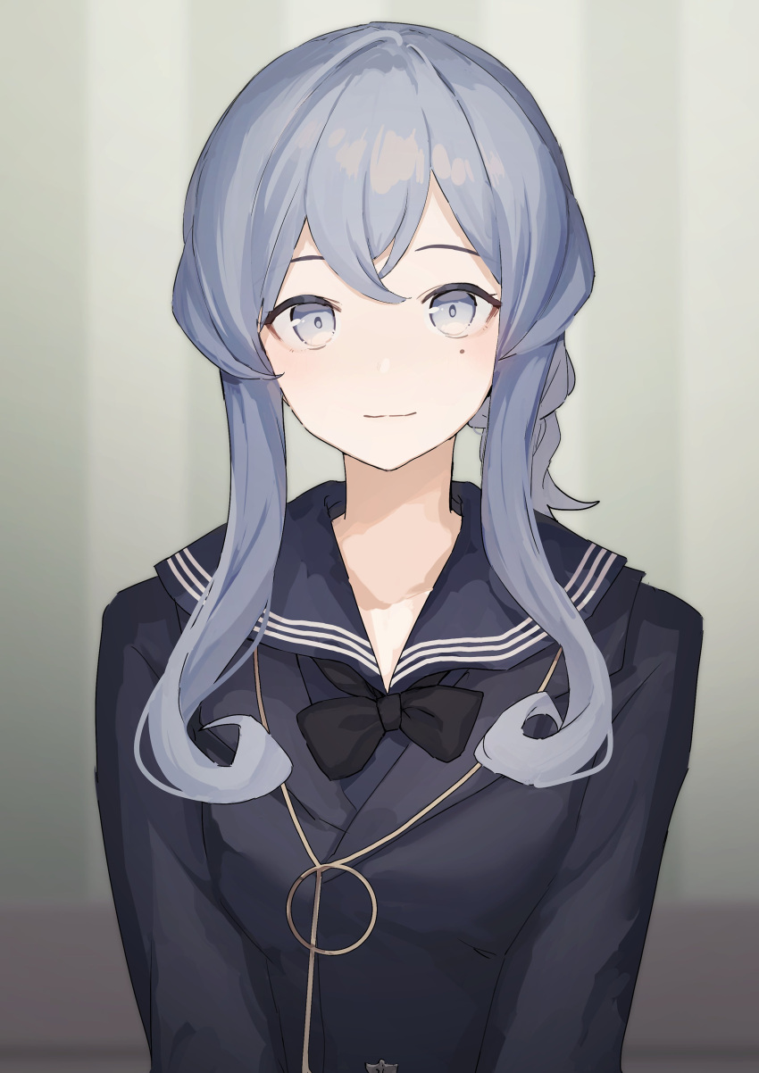 1girl absurdres adapted_costume black_bow blue_hair blue_sailor_collar bow breasts eyebrows_visible_through_hair gotland_(kancolle) gradient gradient_background grey_background hair_between_eyes hair_bun highres kantai_collection long_hair medium_breasts mole mole_under_eye sailor_collar shiratakiseaice smile solo striped striped_background