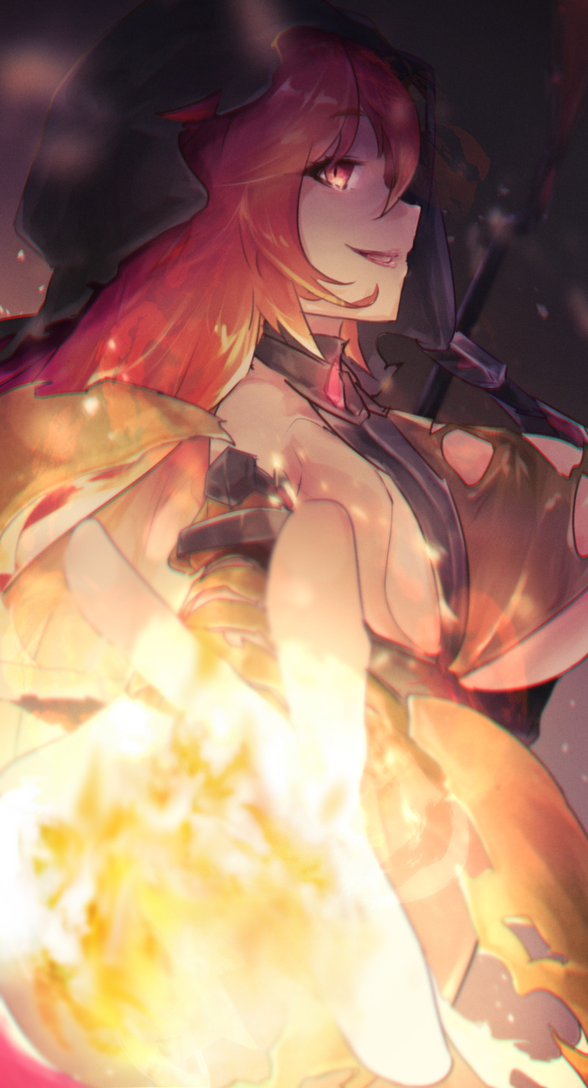 1girl absurdres breasts brunhild_(last_origin) chromatic_aberration ckwl123 fire flame foreshortening from_side hair_over_one_eye highres hood large_breasts last_origin long_hair looking_at_viewer looking_to_the_side magic open_mouth pyrokinesis red_eyes redhead smile solo under_boob