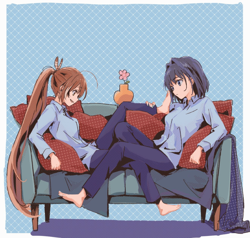 2girls ahoge barefoot blanket blue_eyes blue_hair blue_pants blue_shirt brown_eyes brown_hair collared_shirt couch dithering feather_hair_ornament feathers feet flower flower_pot foot_up hair_intakes hair_ornament highres holding_another's_leg hololive hololive_english kisuu_(oddnumberr_) long_hair multicolored_hair multiple_girls nail_polish nanashi_mumei ouro_kronii pants pillow polka_dot ponytail reclining shirt short_hair smile streaked_hair toes very_long_hair virtual_youtuber