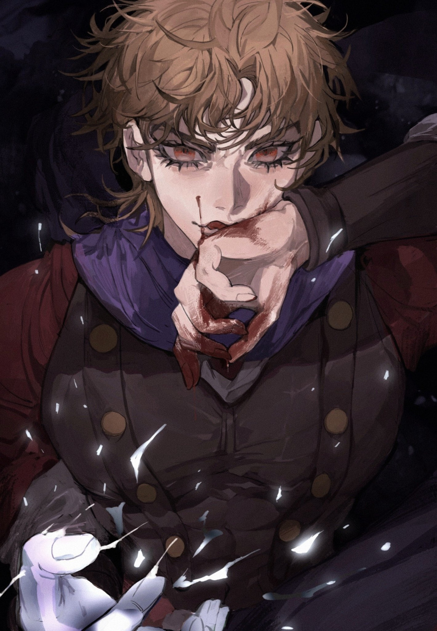 1boy blonde_hair blood blood_on_face dio_brando fangs highres jojo_no_kimyou_na_bouken male_focus phantom_blood puppetjackmj purple_scarf red_eyes scarf solo suspenders vampire wiping_mouth