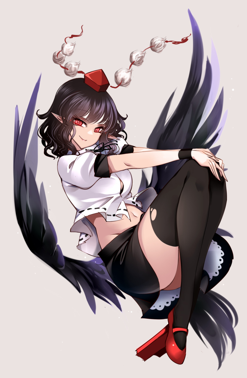 1girl absurdres bangs bird_wings black_hair black_legwear black_ribbon black_skirt black_wings collared_shirt eyelashes feathered_wings frilled_skirt frills full_body geta hat highres kneehighs medium_hair midriff navel pointy_ears pom_pom_(clothes) raptor7 red_eyes red_footwear ribbon shameimaru_aya shirt simple_background skirt solo stomach tengu tengu-geta tokin_hat torn_clothes torn_legwear touhou white_background white_shirt wings