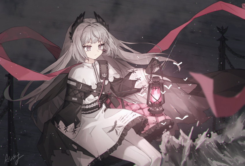 1girl absurdres arknights black_gloves black_jacket capelet closed_mouth commentary_request feet_out_of_frame frilled_skirt frills gloves grey_eyes grey_hair highres holding holding_lantern irene_(arknights) jacket lantern long_hair long_sleeves looking_away mochizuki_inochi pantyhose puffy_long_sleeves puffy_sleeves red_pupils sitting skirt solo very_long_hair white_capelet white_legwear white_skirt