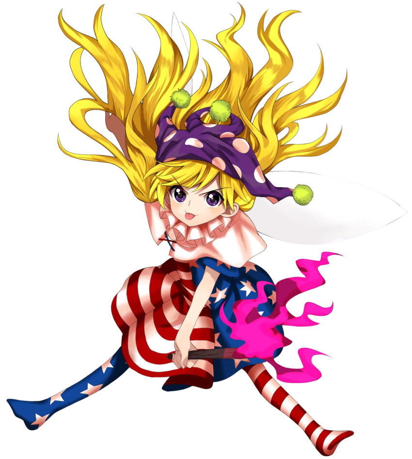 1girl american_flag_dress american_flag_legwear bangs blonde_hair blush capelet clownpiece dress fairy_wings fire harukawa_moe_(style) hat highres holding holding_torch jester_cap keiki8296 long_hair neck_ruff no_shoes pantyhose polka_dot polka_dot_headwear pom_pom_(clothes) purple_fire purple_headwear simple_background star_(symbol) star_print striped striped_dress tongue tongue_out torch touhou v-shaped_eyebrows very_long_hair violet_eyes white_background white_capelet wings