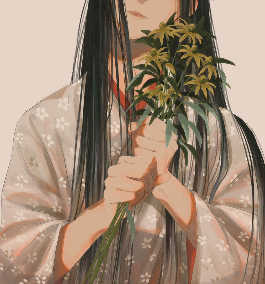 1other absurdres black_hair floral_print flower highres holding holding_flower japanese_clothes kimono long_hair original out_of_frame print_kimono solo tukuso very_long_hair