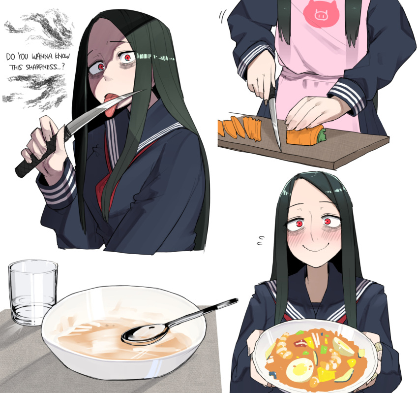 1girl apron bags_under_eyes black_hair black_serafuku blush carrot chopping commentary cup curry cutting_board drinking_glass english_text engrish_text food hardboiled_egg highres holding holding_knife knife licking licking_knife long_hair ohasi original pig_print pink_apron ranguage red_eyes school_uniform serafuku shrimp simple_background smile spoon symbol-only_commentary tongue water white_background yandere