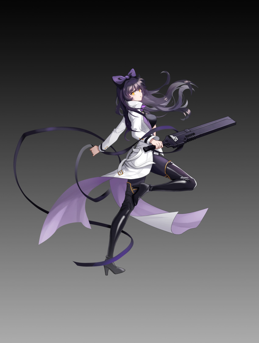 1girl absurdres anastasia_(angelisa_j) bangs black_footwear black_hair black_pants blake_belladonna boots bow breasts coat floating_hair full_body grey_background hair_bow highres holding holding_sword holding_weapon kama_(weapon) long_hair long_sleeves looking_at_viewer medium_breasts open_clothes open_coat pants purple_bow rwby sickle simple_background solo standing sword thigh-highs thigh_boots very_long_hair weapon white_coat yellow_eyes