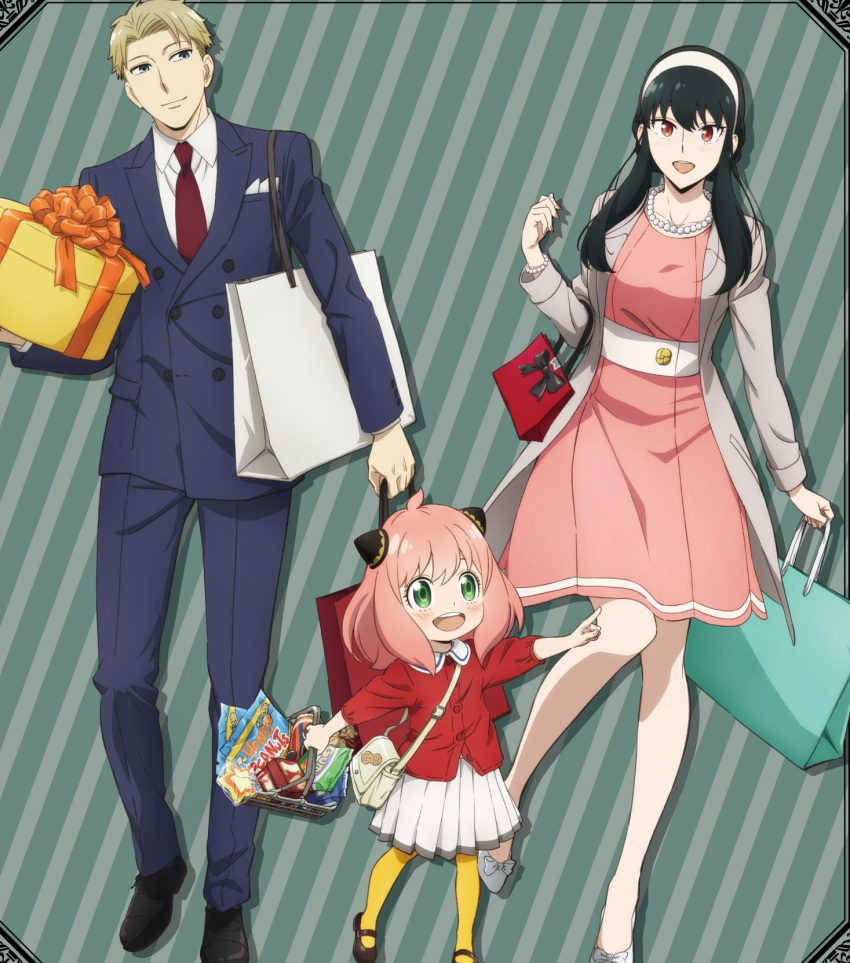 1boy 2girls alternate_costume anya_(spy_x_family) bangs black_hair blonde_hair breasts child dress family father_and_daughter formal hair_ornament hairband highres holding long_hair looking_at_viewer mother_and_daughter multiple_girls necktie official_alternate_costume official_art red_eyes short_hair sidelocks skirt spy_x_family suit twilight_(spy_x_family) white_skirt yellow_legwear yor_briar