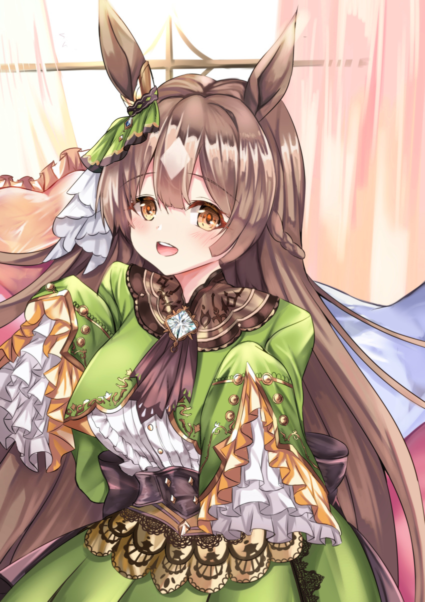 1girl :d absurdres animal_ears backlighting bangs blush braid breasts brown_eyes brown_hair center_frills commentary curtains day eyebrows_visible_through_hair frilled_pillow frills green_jacket green_skirt hair_between_eyes heart heart_pillow highres horse_ears indoors jacket large_breasts long_hair long_sleeves looking_at_viewer multicolored_hair pillow pleated_skirt satono_diamond_(umamusume) setu_(shining12) shirt skirt sleeves_past_fingers sleeves_past_wrists smile solo sunlight teeth transparent two-tone_hair umamusume upper_teeth very_long_hair white_hair white_shirt window