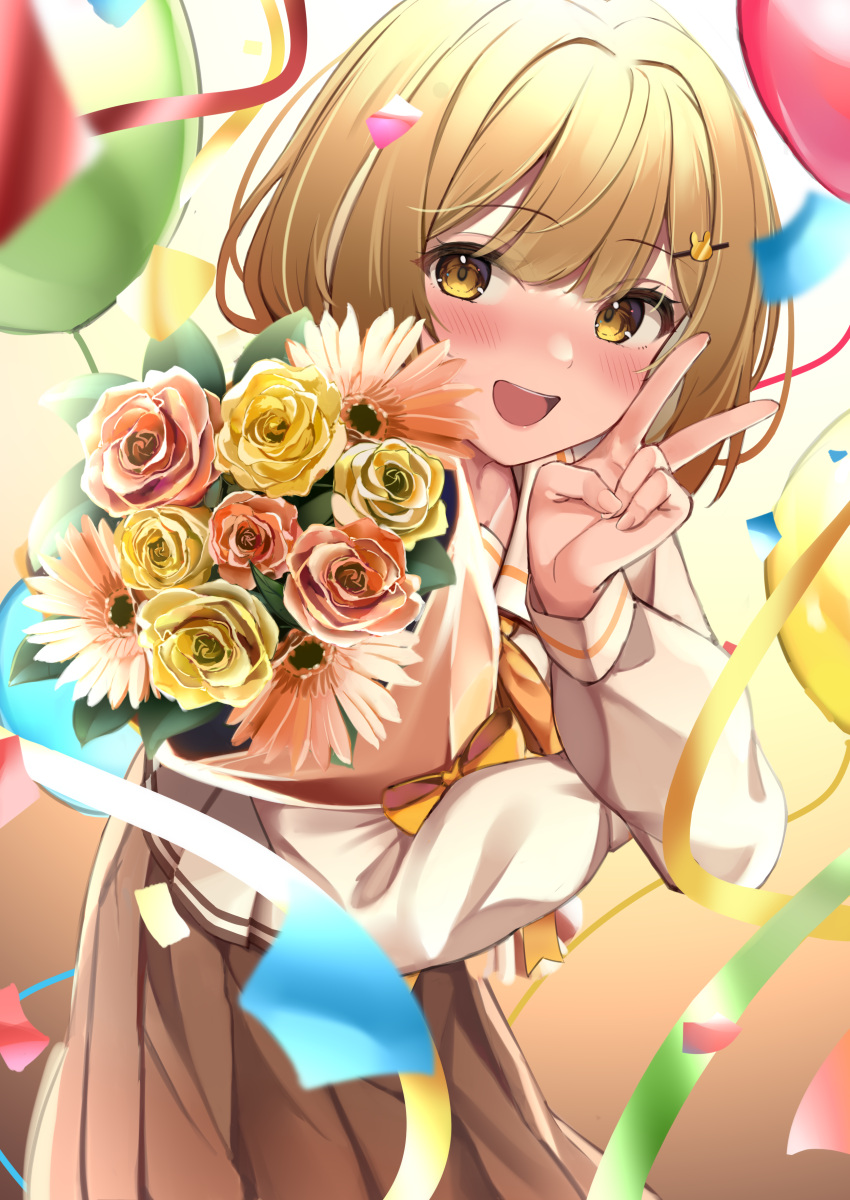 1girl absurdres animare balloon bangs blonde_hair blush bouquet confetti flower highres holding holding_bouquet imsaibo3 inaba_haneru_(animare) long_sleeves looking_at_viewer open_mouth short_hair solo v yellow_eyes