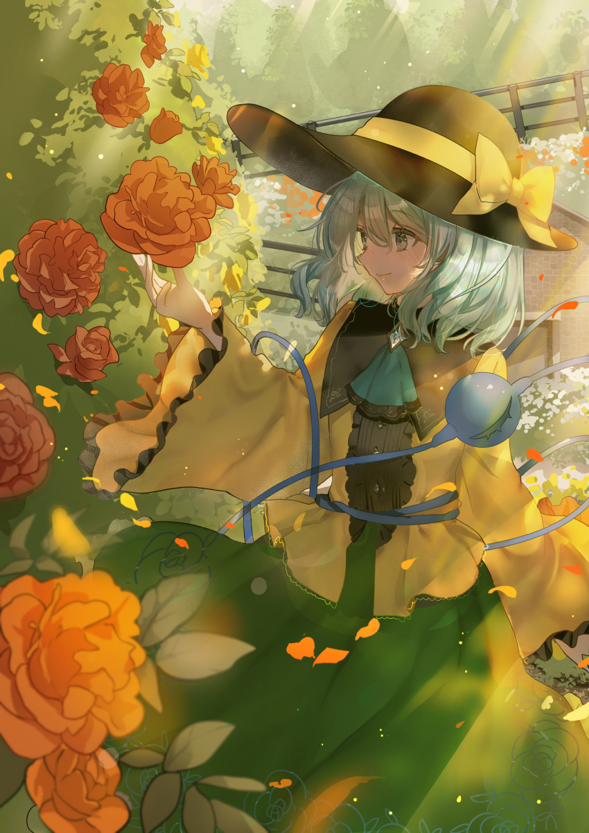 1girl ascot black_headwear blouse blue_ascot blush bow brooch bush closed_mouth commentary cowboy_shot floral_print flower frilled_sleeves frills green_eyes green_hair green_skirt hair_between_eyes hand_up hat hat_bow highres house jewelry komeiji_koishi long_sleeves looking_at_flowers looking_to_the_side medium_hair outdoors petals piyo_(sqn2idm751) railing red_flower red_rose rose rose_petals rose_print shirt skirt smile solo third_eye touhou wide_sleeves yellow_bow yellow_shirt