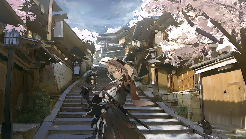 1boy 2others animal arm_up bangs black_gloves cat closed_mouth clouds day fingerless_gloves genshin_impact gloves hat highres japanese_clothes jingasa kaedehara_kazuha katana looking_at_viewer male_focus multiple_others outdoors petals red_eyes redhead running sheath sheathed sky stairs standing sword tree utsuhostoria weapon wide_sleeves