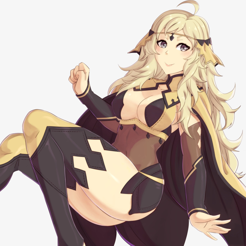 1girl absurdres ahoge asymmetrical_bangs bangs blonde_hair bodystocking breasts cape circlet closed_mouth covered_navel fire_emblem fire_emblem_fates gauntlets grey_eyes highres long_hair lucky_zero medium_breasts ophelia_(fire_emblem) pantyhose thigh-highs turtleneck