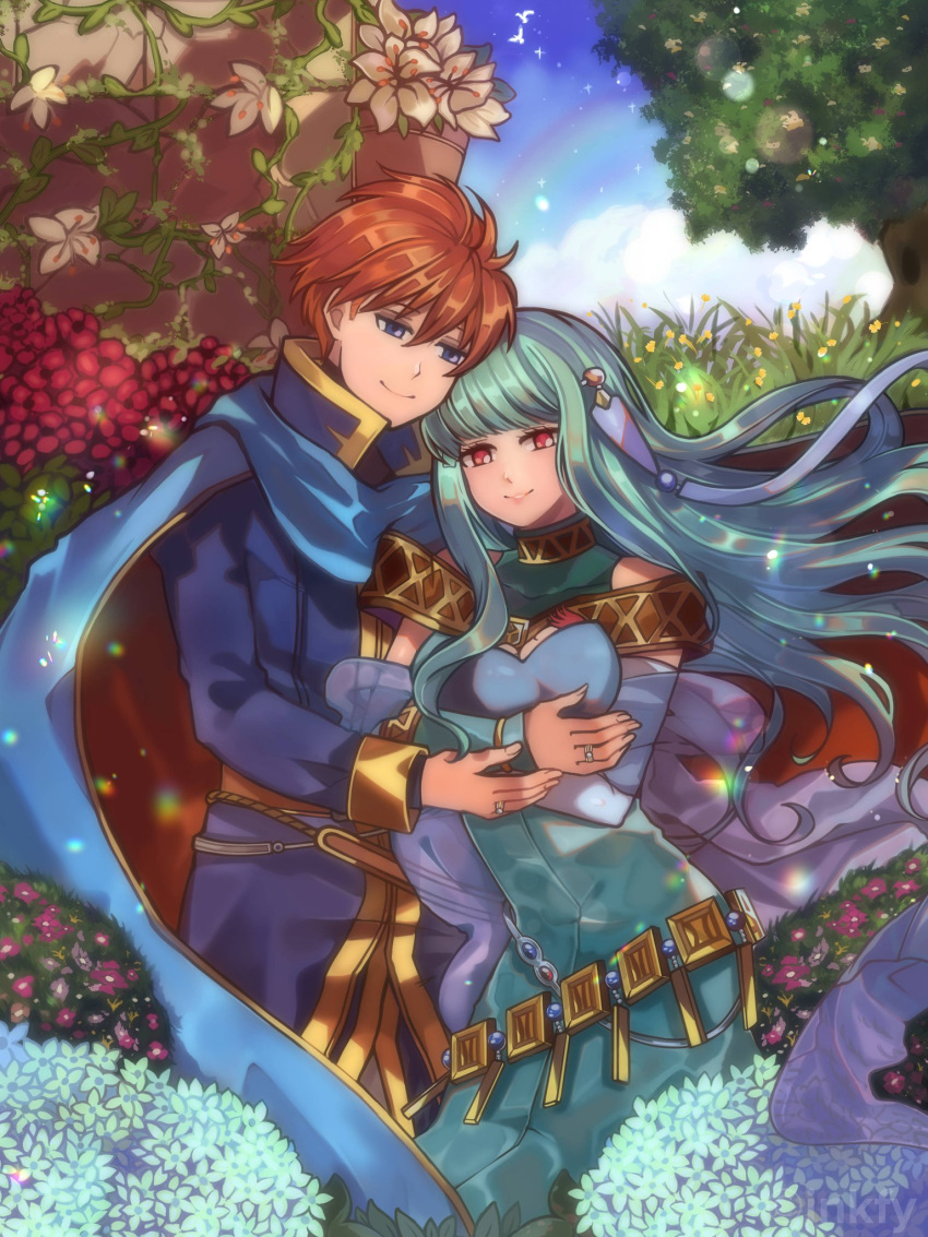 1girl 2boys baby bird blue_cape blue_eyes blue_shirt cape couple eliwood_(fire_emblem) father_and_son fire_emblem fire_emblem:_the_blazing_blade flower good_end happy highres holding_baby hug inkfy jewelry light_blue_dress light_blue_hair long_hair mother_and_son multiple_boys ninian_(fire_emblem) rainbow red_eyes redhead ring roy_(fire_emblem) shirt smile tree wedding_ring