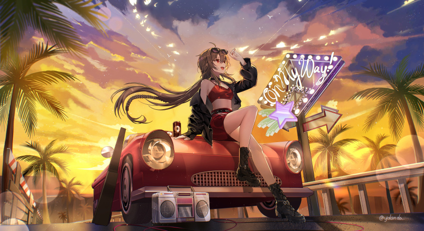 1girl :d absurdres ahoge arm_up backlighting bag bare_legs black_footwear black_jacket boombox boots brown_hair cable can car clouds collar convertible crop_top english_text eyewear_on_head floating_hair gradient_sky ground_vehicle highres jacket knee_boots lens_flare long_hair long_sleeves looking_away looking_up low_ponytail midriff miniskirt motor_vehicle nail_polish neon_lights off_shoulder on_vehicle open_clothes open_jacket open_mouth outdoors palm_tree radio red_eyes red_nails red_skirt road sidelocks single_bare_shoulder sitting skirt sky sleeves_past_wrists smile soda_can solo street sunglasses sunset tree twitter_username very_long_hair vocaloid vsinger wind yellow_sky yolanda yuezheng_ling