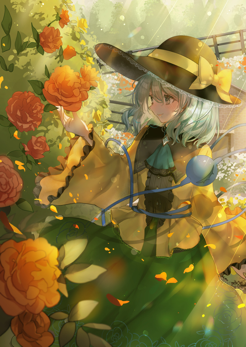 1girl ascot black_headwear blouse blue_ascot blush bow brooch bush closed_mouth cowboy_shot floral_print flower frilled_sleeves frills green_eyes green_hair green_skirt hair_between_eyes hand_up hat hat_bow highres house jewelry komeiji_koishi long_sleeves looking_at_flowers looking_to_the_side medium_hair outdoors petals piyo_(sqn2idm751) railing red_flower red_rose revision rose rose_petals rose_print shirt skirt smile solo third_eye touhou wide_sleeves yellow_bow yellow_shirt