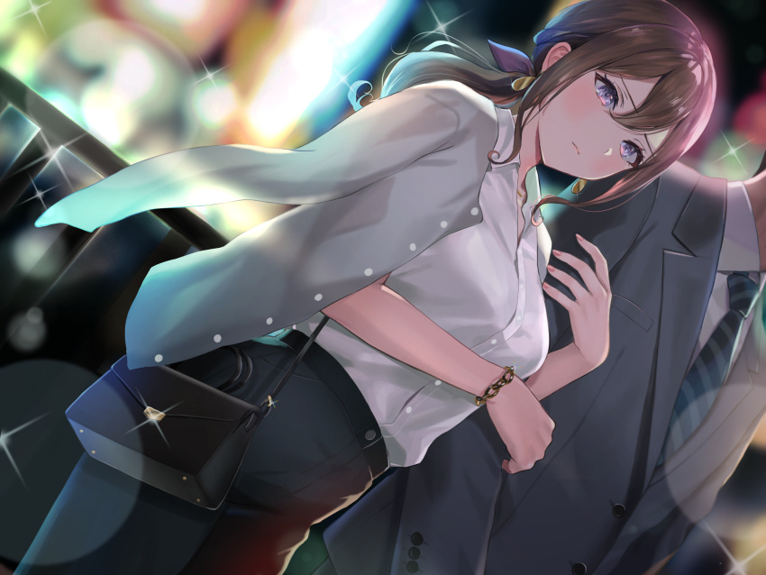 1boy 1girl bag black_pants bracelet brown_hair closed_mouth collared_shirt dress_shirt dutch_angle earring_removed formal grey_suit hair_ribbon handbag highres holding_another's_arm jewelry long_hair low-tied_long_hair necktie original out_of_frame pants railing ribbon sakamuke shirt shirt_on_shoulders shirt_tucked_in sidelocks solo_focus striped_necktie suit violet_eyes white_shirt
