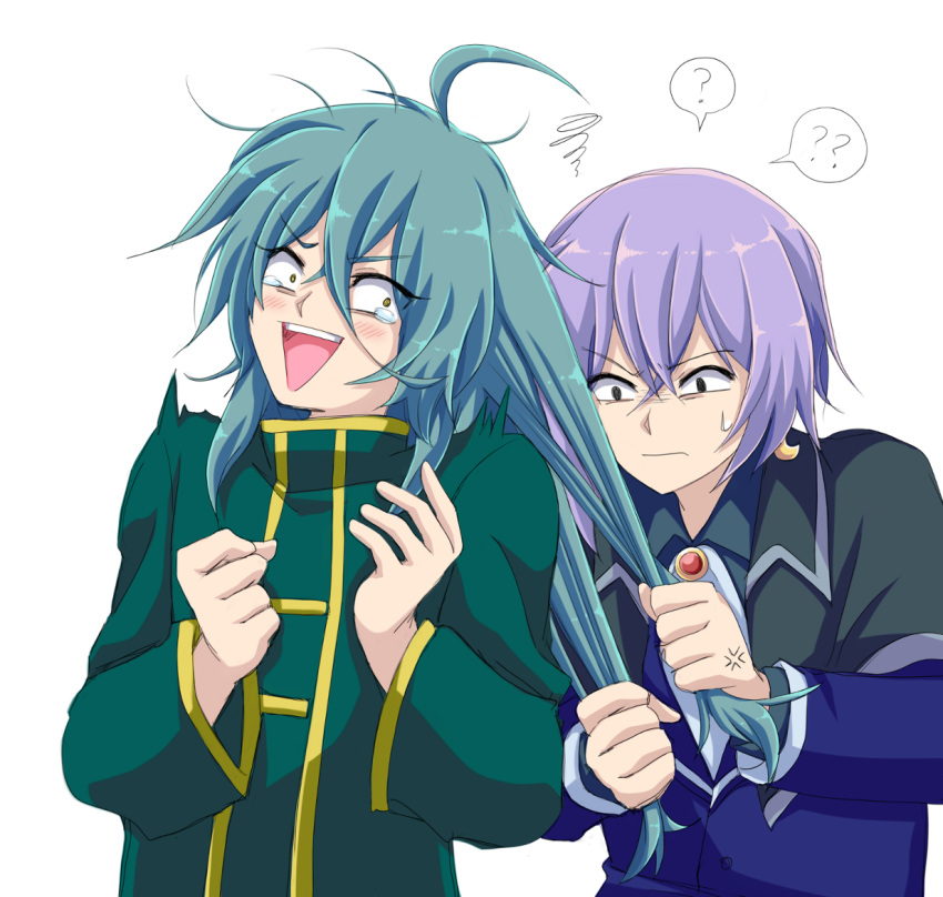 2boys :d ? ?? ahoge anger_vein aqua_hair ascot ashe_bradley black_eyes blue_jacket blue_shirt blush brooch capelet confused crescent crescent_earrings earrings grabbing_another's_hair green_shirt grey_capelet hair_between_eyes hair_down jacket jewelry long_hair male_focus messy_hair moon-realm motion_lines multiple_boys purple_hair shirt short_hair single_earring sirius_gibson smile spoken_question_mark sweatdrop tearing_up teeth triangle_mouth upper_body upper_teeth v-shaped_eyebrows white_background wide-eyed witch's_heart yellow_eyes