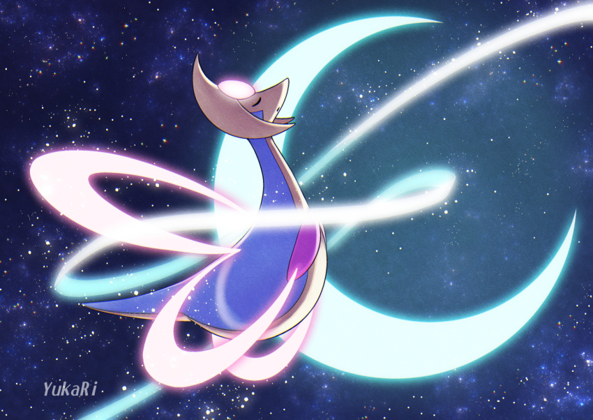 animal_focus artist_name blue_background blue_sky closed_eyes commentary_request crescent_moon cresselia floating from_side full_body glowing highres midair moon night no_humans open_mouth outdoors pokemon pokemon_(creature) profile sky solo star_(sky) starry_sky watermark yukari_(yukari21653710)