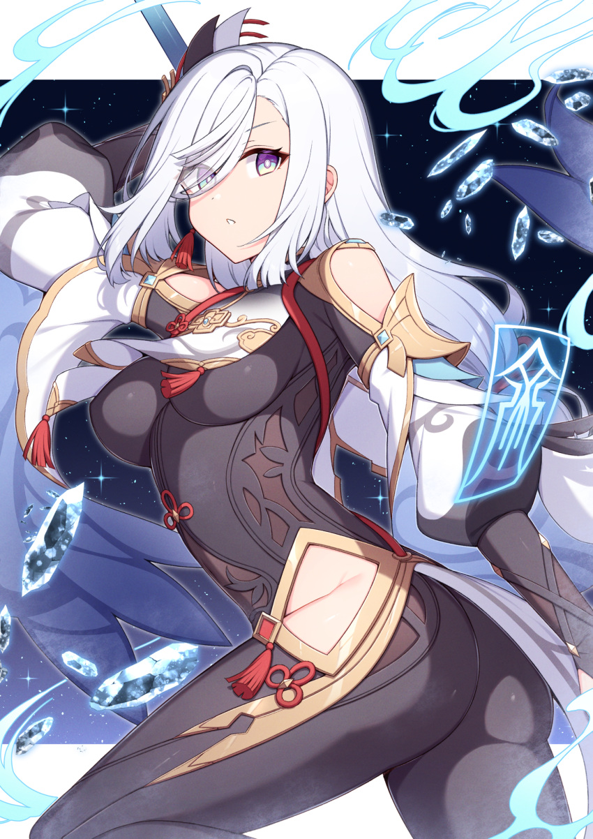 1girl arm_up ass black_bodysuit blue_eyes bodysuit breast_curtain breasts chinese_clothes crystal earrings eyes_visible_through_hair floating_hair genshin_impact gold_trim hair_ornament hair_over_one_eye highres hip_vent holding holding_polearm holding_weapon ice jewelry long_hair medium_breasts parted_lips polearm shenhe_(genshin_impact) single_earring sky solo sparkle star_(sky) starry_sky t@ke-g talisman tassel tassel_earrings tight weapon white_hair