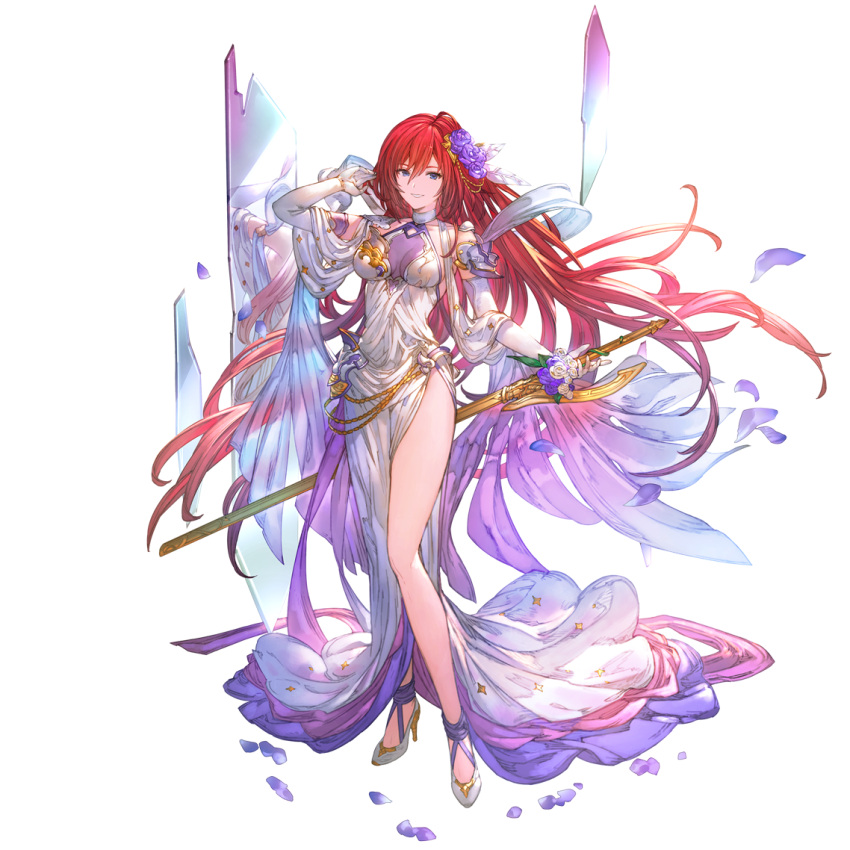 1girl bangs blue_eyes breasts breasts_apart choker dress elbow_gloves floating_hair flower full_body gloves godsworn_alexiel granblue_fantasy hair_flower hair_ornament hand_up high_heels holding holding_sword holding_weapon long_dress long_hair looking_at_viewer medium_breasts official_alternate_costume official_art petals redhead reflection shawl sleeveless sleeveless_dress smile solo standing sword teeth weapon white_dress white_footwear white_gloves