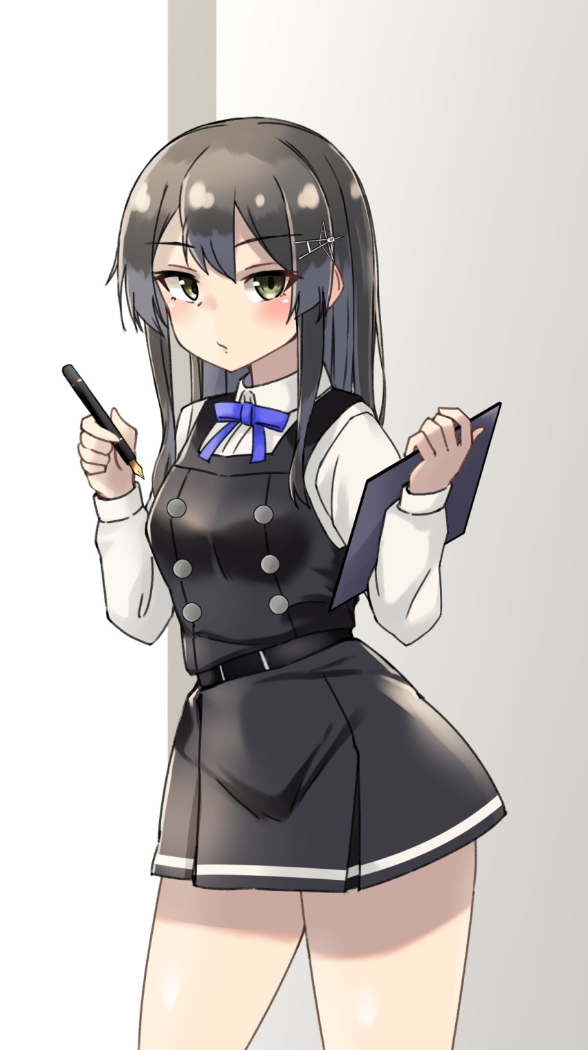 1girl asashio_(kancolle) asashio_(kancolle)_(cosplay) bangs black_dress black_hair blue_ribbon blush breasts clipboard cosplay dress eyebrows_visible_through_hair green_eyes hair_between_eyes hair_ornament hairclip highres holding holding_clipboard kantai_collection long_hair neck_ribbon nib_pen_(object) oyashio_(kancolle) pen pinafore_dress ribbon shirt small_breasts solo wasumi_kei white_shirt