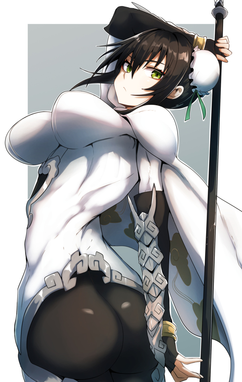 1girl arm_guards ass bangs black_bodysuit black_gloves black_hair bodysuit breasts bun_cover cape double_bun elbow_gloves fate/grand_order fate_(series) fingerless_gloves gin_moku gloves green_eyes green_ribbon hair_ribbon highres jewelry large_breasts looking_at_viewer neck_ring polearm qin_liangyu_(fate) ribbon sidelocks solo spear thighs weapon white_bodysuit white_cape