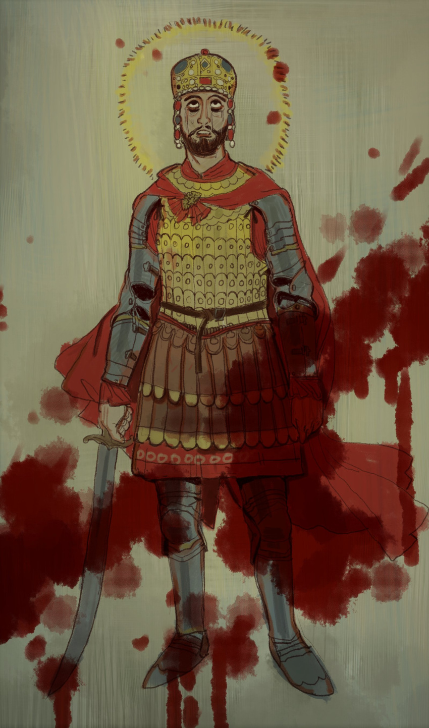 1boy absurdres armor beard black_eyes blood breastplate cape constantine_xi contrapposto crown crying crying_with_eyes_open facial_hair full_body halo highres holding holding_sword holding_weapon looking_up male_focus metal_boots mossacannibalis open_mouth parted_lips real_life red_cape roman_clothes scimitar solo sword tears upturned_eyes weapon