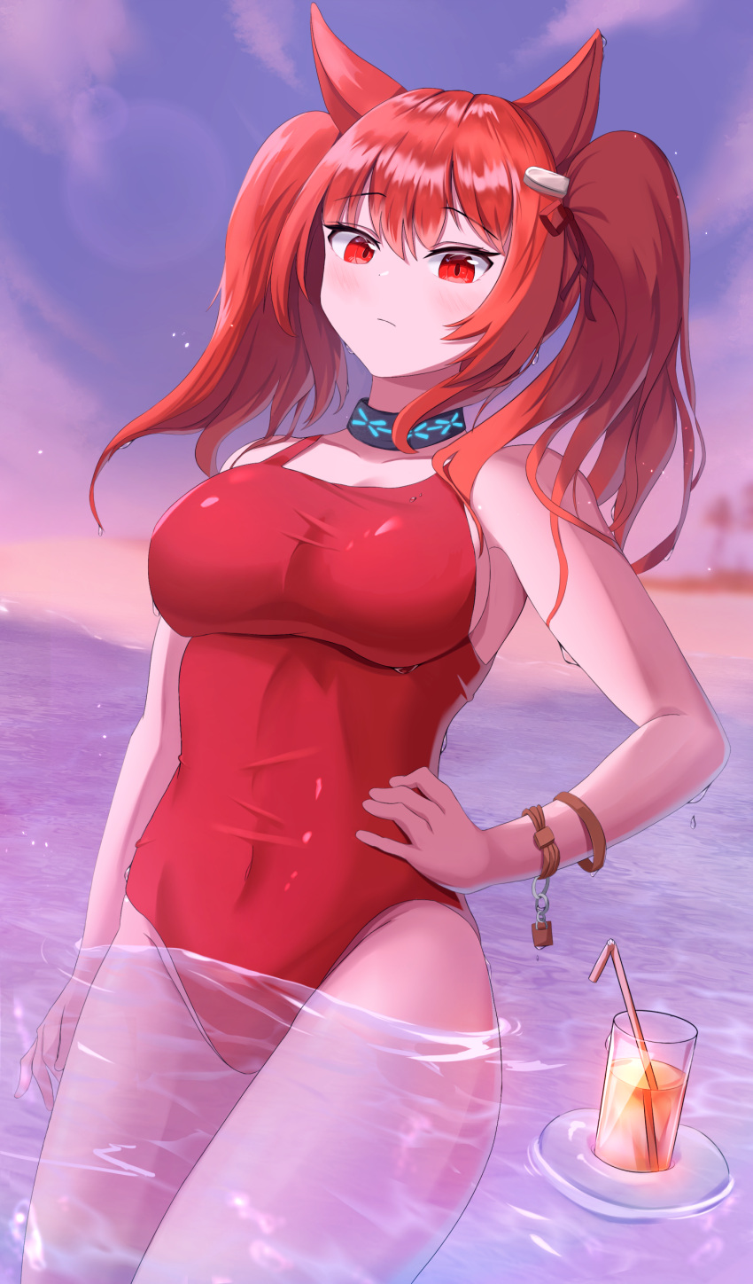 1girl absurdres angelina_(arknights) angelina_(summer_flowers)_(arknights) arknights armband_removed black_collar blue_sky bracelet breasts brown_hair casual_one-piece_swimsuit collar cowboy_shot deriolet drink drinking_straw dutch_angle earpiece hair_between_eyes hand_on_hip highres infection_monitor_(arknights) inflatable_armbands jewelry large_breasts long_hair looking_at_viewer official_alternate_costume one-piece_swimsuit red_eyes sideboob sky solo sunset swimsuit twintails wading water
