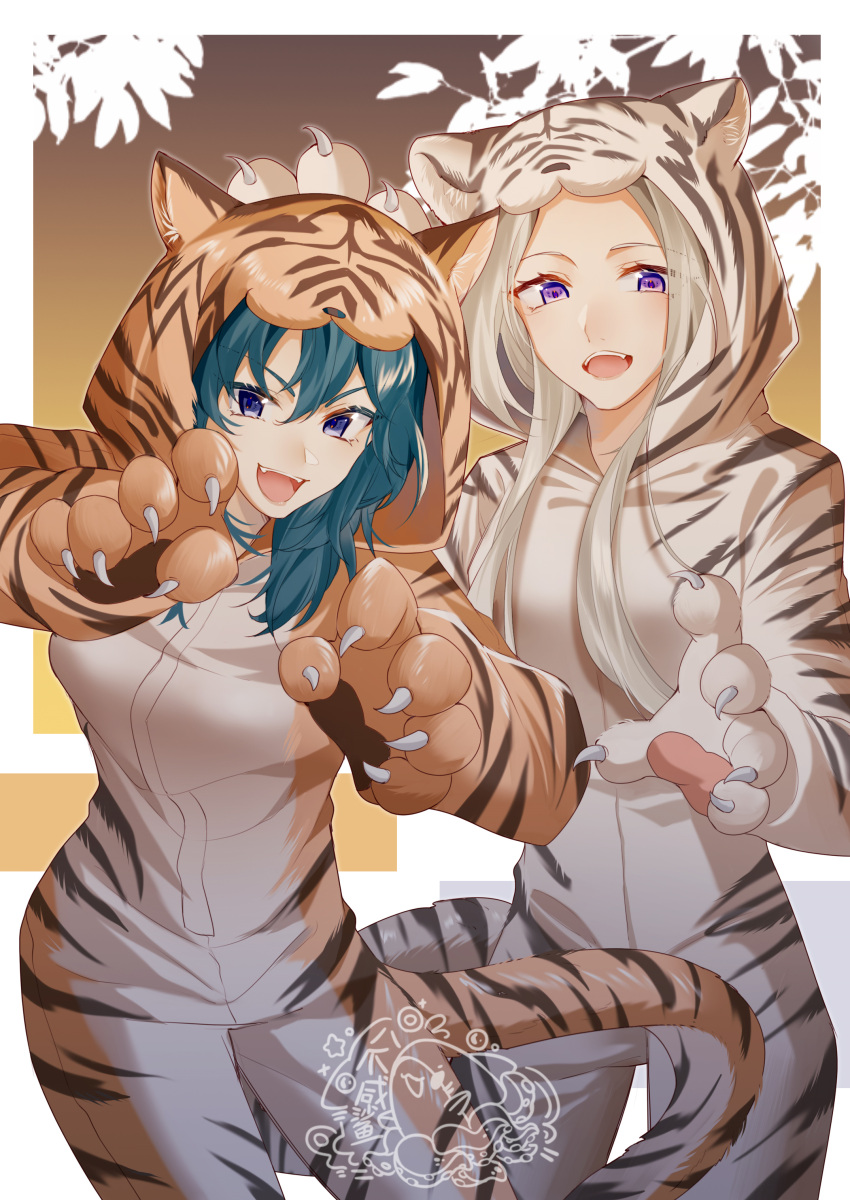 2girls absurdres animal_costume animal_print artist_request bangs blue_eyes blue_hair blush breasts byleth_(fire_emblem) byleth_eisner_(female) costume edelgard_von_hresvelg fangs fire_emblem fire_emblem:_three_houses hair_ornament highres large_breasts long_hair looking_at_viewer medium_hair multiple_girls simple_background smile tiger tiger_costume tiger_print violet_eyes white_hair yuri