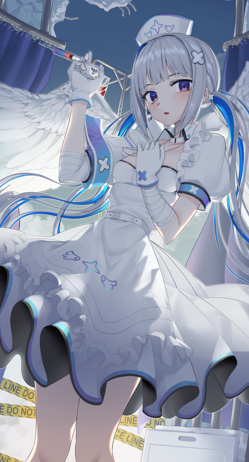 1girl absurdres amane_kanata apron arm_up armband bandaged_arm bandages bangs blue_hair blue_sky blush clouds collarbone commentary_request day dress eyebrows_visible_through_hair feathered_wings feet_out_of_frame frilled_apron frills gloves goback grey_hair hair_ornament hat highres holding holding_syringe hololive looking_at_viewer multicolored_hair nurse nurse_cap parted_lips puffy_short_sleeves puffy_sleeves short_sleeves sky solo standing syringe twintails two-tone_hair violet_eyes virtual_youtuber white_apron white_dress white_gloves white_headwear white_wings wings x_hair_ornament