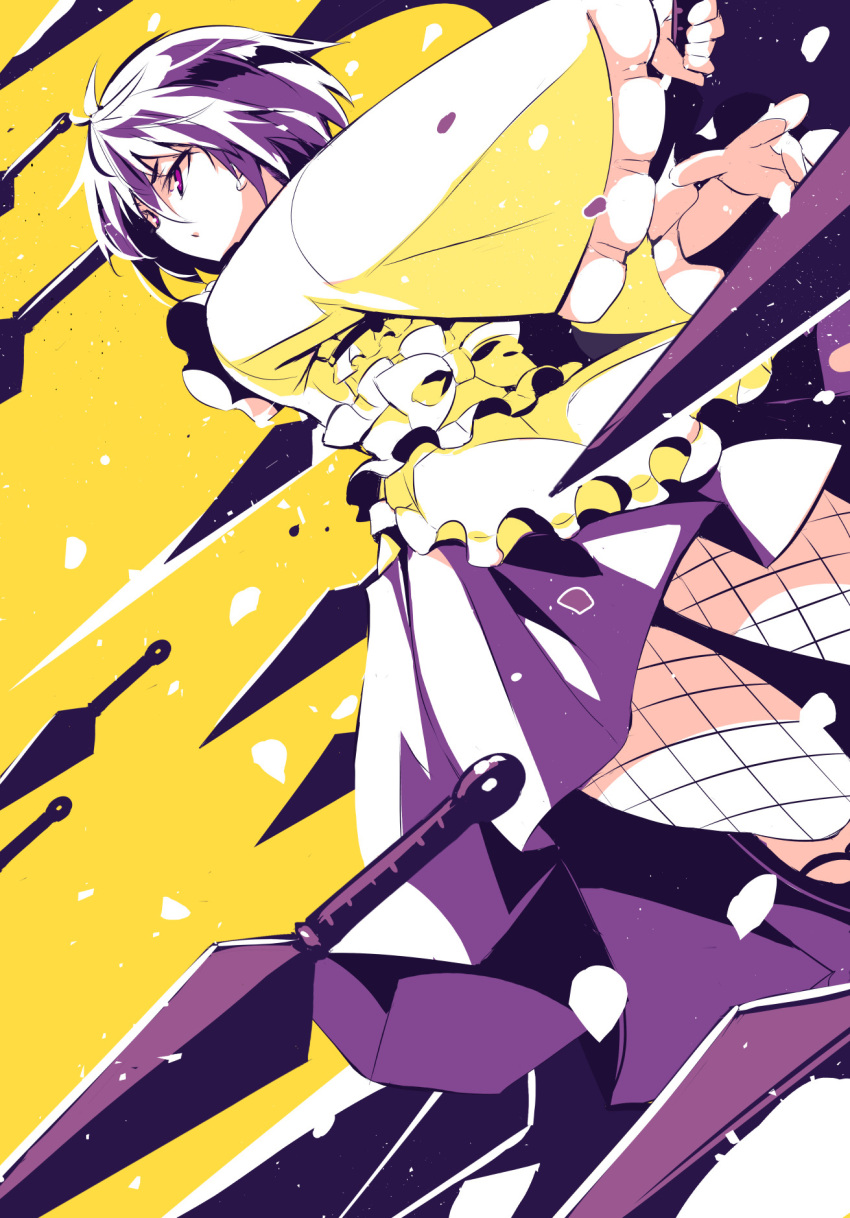 1girl bangs bow eyebrows_behind_hair fishnets floating floating_object floating_weapon highres holding holding_knife japanese_clothes knife kunai looking_to_the_side mochizuki_azami open_hand purple_hair purple_skirt sakura_taisen sdwing shin_sakura_taisen short_hair skirt solo textless v-shaped_eyebrows violet_eyes weapon yellow_background yellow_bow