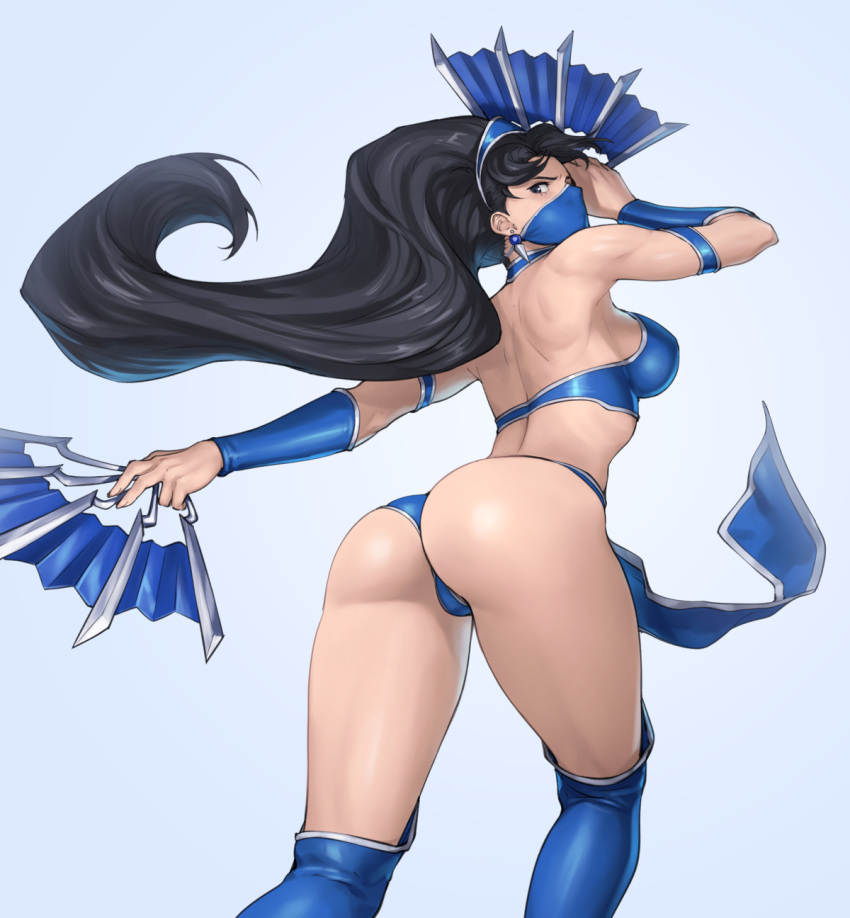 1girl ass bangs bare_shoulders black_eyes black_hair blue_background blue_footwear boots breasts commentary dual_wielding earrings hand_fan haori highleg highres holding holding_weapon japanese_clothes jewelry kitana long_hair looking_at_viewer looking_back mask medium_breasts midway_(company) mortal_kombat mortal_kombat_4 mortal_kombat_9 mortal_kombat_armageddon mortal_kombat_deadly_alliance mortal_kombat_deception mortal_kombat_ii mortal_kombat_trilogy mouth_mask ninja_mask ozkh pelvic_curtain shiny shiny_hair shiny_skin simple_background solo thigh-highs thigh_boots thighs tiara ultimate_mortal_kombat_3 vambraces weapon