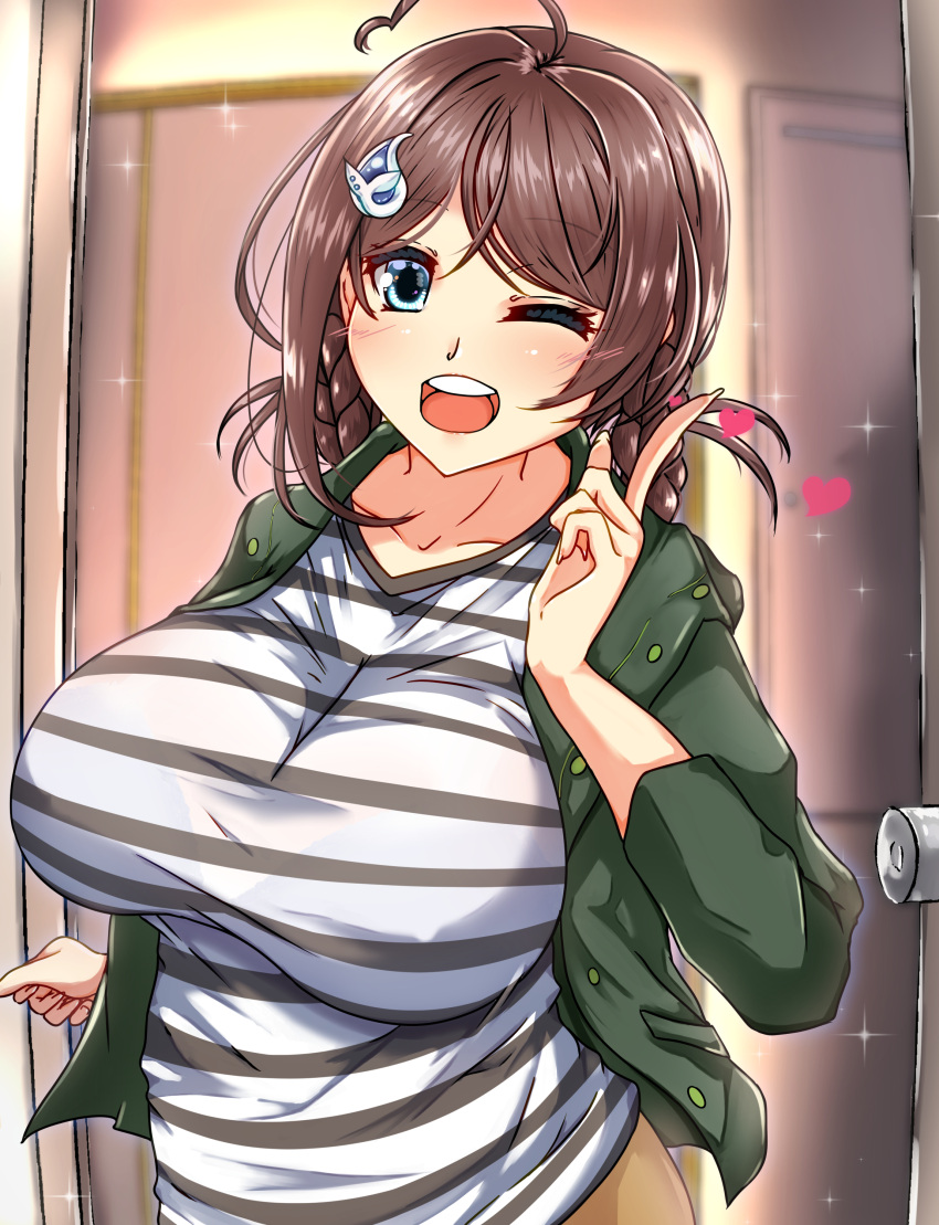 1girl absurdres blue_eyes braid breasts brown_hair chougei_(kancolle) doorway green_jacket grey_eyes hair_ornament hair_rings hairclip highres jacket kantai_collection large_breasts long_hair long_sleeves official_alternate_costume one_eye_closed open_clothes open_jacket shigatsu_(soratobuusagi) shirt solo striped striped_shirt twin_braids upper_body whale_hair_ornament