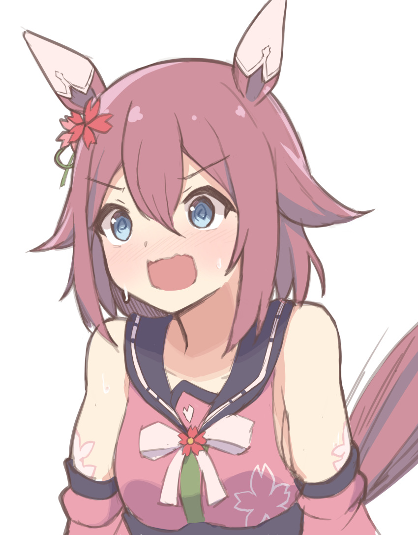 @_@ absurdres animal_ears blush commentary_request confused detached_sleeves flower hair_between_eyes hair_flower hair_ornament highres horse_ears looking_to_the_side medium_hair open_mouth pink_hair portrait sakura_chiyono_o_(umamusume) simple_background sweat sweating_profusely umamusume white_background yaplus