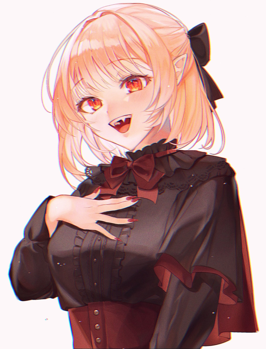 1girl bangs black_bow blush bow bowtie breasts capelet eyebrows_visible_through_hair fangs fingernails hair_bow hand_on_own_chest highres long_fingernails long_sleeves medium_breasts open_mouth original pointy_ears red_bow red_bowtie red_eyes red_nails short_hair simple_background solo utsuhostoria vampire white_background