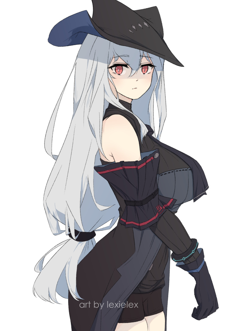 1girl arknights arm_at_side armlet artist_name bangs breasts detached_sleeves expressionless eyebrows_visible_through_hair from_side gloves grey_hair hair_between_eyes hat highres infection_monitor_(arknights) large_breasts lexielex long_hair looking_at_viewer low-tied_long_hair off-shoulder_shirt off_shoulder shirt shorts simple_background skadi_(arknights) skindentation solo tilted_headwear watermark white_background