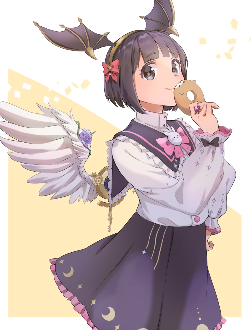 1girl bangs black_eyes black_hair black_skirt blunt_bangs bob_cut bow bowtie closed_mouth commentary_request cowboy_shot crescent_print demon_wings doughnut eyebrows_visible_through_hair fake_wings flower food frilled_shirt_collar frilled_skirt frills gem hair_bow head_wings highres hohohoi holding holding_food jewelry looking_at_viewer pink_bow pink_bowtie purple_flower purple_gemstone ragnarok_online ragnarok_origin red_bow ring rose shirt short_hair skirt smile solo white_shirt white_wings wings